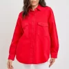 Button Down Long Sleeve Denim Shacket With Chest Pockets - Scarlet