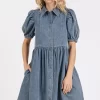 Button Down Puff Sleeve Denim Dress - Denim