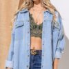 Button Front Flap Pocket Ripped Denim Jacket - Denim