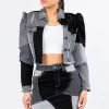 Button Up Cropped Patchwork Denim Jacket - Black
