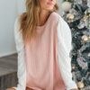 Cable Sweater Knit Top with Contrast Puff Sleeve - Rose Lt