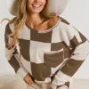 Checker Printed Hacci Top With Front Pocket - Taupe