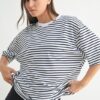 Coastal Cotton Striped Oversized Crewneck T-Shirt - White/Navy