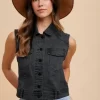 Collared Neck Button Down Denim Vest - Black