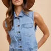 Collared Neck Button Down Denim Vest - Medium