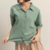 Collared Neck Button Down Waffle Shirt - Sage Green