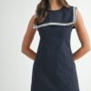 Contrast Piping Square Sailor Collar Mini Dress - Navy