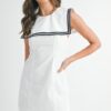 Contrast Piping Square Sailor Collar Mini Dress - Off White