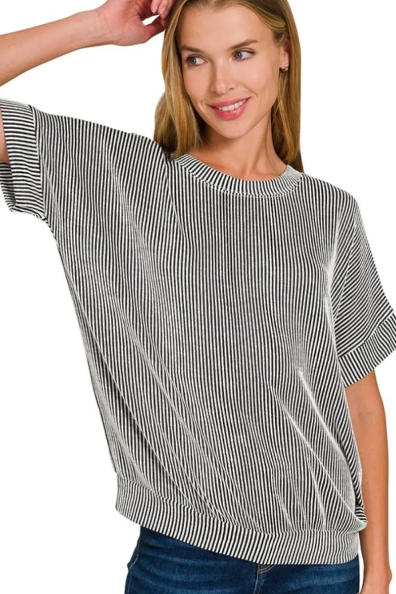 Corded Rib Short Sleeve T-Shirt - Black