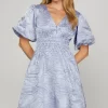 Crinkle Woven V-Neck Balloon Sleeve Mini Dress - Light Blue