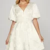 Crinkle Woven V-Neck Balloon Sleeve Mini Dress - Off White