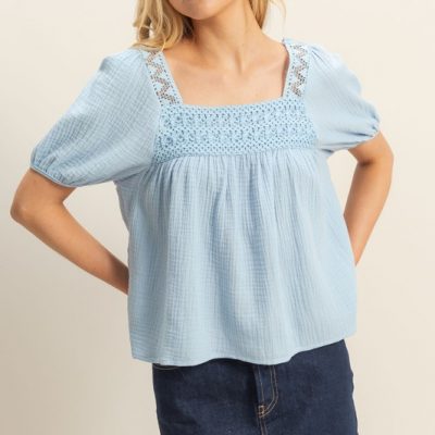 Crochet Detail Puff Sleeve Peasant Top - Blue