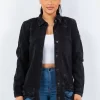 Distressed Button Up Long Sleeve Denim Jacket - Black