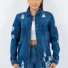 Distressed Button Up Long Sleeve Denim Jacket - Blue