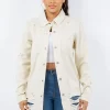 Distressed Button Up Long Sleeve Denim Jacket - Ivory