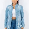 Distressed Button Up Long Sleeve Denim Jacket - Lt Blue