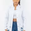 Distressed Button Up Long Sleeve Denim Jacket - White