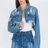 Distressed Denim Jacket With Frayed Hem - Blue