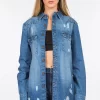 Distressed Frayed Hem Denim Jacket - Blue