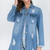 Distressed Frayed Hem Denim Jacket - Blue