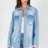 Distressed Frayed Hem Denim Jacket - Lt Blue