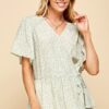 Ditsy Print V-Neck Short Sleeve Wrap Blouse - Sage/Ginger