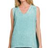 Double Gauze Raw Edge Acid Washed Tank - Dusty Teal