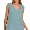 Double Gauze Raw Edge V-Neck Tank - Blue Grey