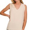 Double Gauze Raw Edge V-Neck Tank - Sand Beige