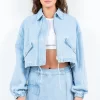 Drawstring Waist Crop Denim Jacket - Lt Blue