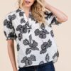Embroidered Split Neck Puff Sleeve Blouse - Ivory/Black