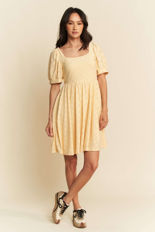 Eyelet-Baby-Doll-Romantic-Square-Neck-Dress-Baby-Yellow Eyelet Baby Doll Romantic Square Neck Dress - Baby Yellow