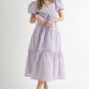 Eyelet Lace Puff Sleeve V Neck Midi Dress - Lavender