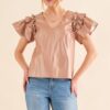 Faux Leather Ruffle Sleeves V Neck Top - Rose Gold
