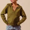 Flap Collar Sweater Pullover Top with Patch Pocket - Lt Olive