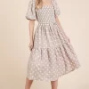 Floral Embroidered Smocked Puff Sleeve Tiered Midi Dress - Dust Storm