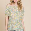 Floral Print Short Sleeve Off-The-Shoulder Blouse - Mint Combo