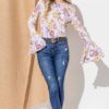 Floral Printed Bell Sleeve Casual Top - Mustard Mauve