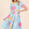 Floral Round Neck Short Sleeve Tiered Dress -  Pastel  Blue
