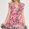Floral Ruffled Cap Sleeve Tiered Dress - Deep Rose