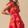Floral V Neck Layered Dress with Elasticized Waist - Orange/Fuchsia