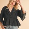 Flounce Sleeve Eyelet Peplum Top - Black
