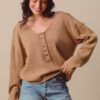 Frayed Cut Mineral Washed Deep V Neck Waffle Top - Coffee