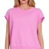 French Terry Round Neck Cap Sleeve T-Shirt - Bright Mauve