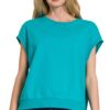 French Terry Round Neck Cap Sleeve T-Shirt - Lt Teal