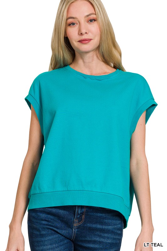 French-Terry-Round-Neck-Cap-Sleeve-T-Shirt-Lt-Teal French Terry Round Neck Cap Sleeve T-Shirt - Lt Teal