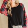 French Terry Top with Sequins Kangaroo Pocket - Black/Red Check