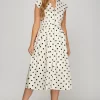 Front Zip Polka Dots Cap Sleeve Midi Dress - Off White