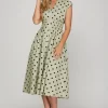 Front Zip Polka Dots Cap Sleeve Midi Dress - Sage
