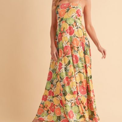 Fruit Print Square Neck Maxi Cami Dress - Blue Citrus